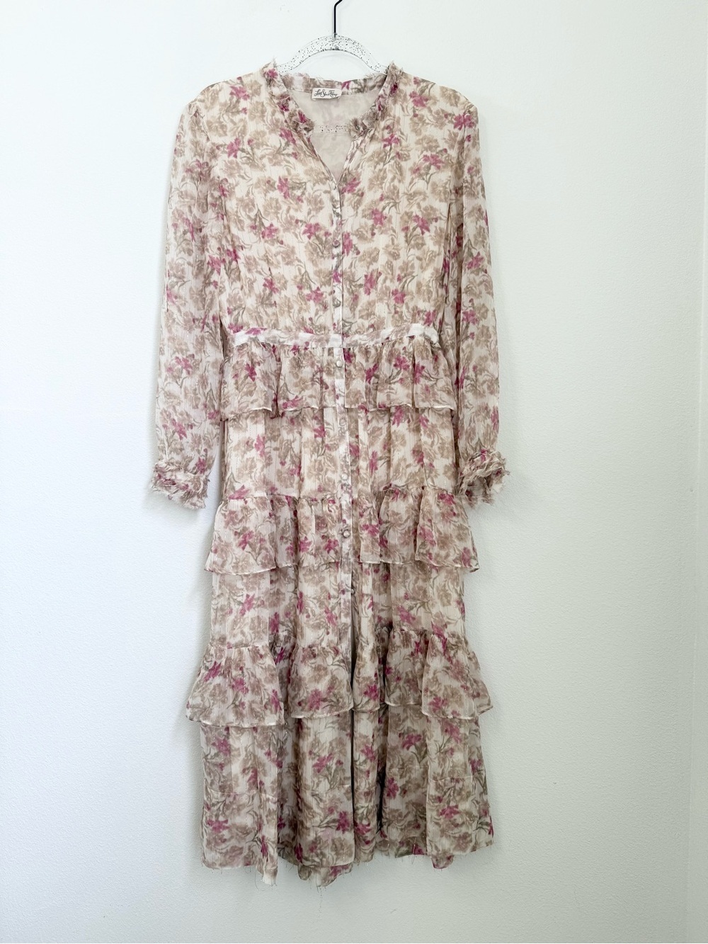 LoveShackFancy Silk Floral Tiered Ruffles Pink Dress Gold Metallic Midi Dress 4
